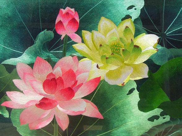 荷花蘇繡裝飾畫(huà)  荷花 荷葉刺繡畫(huà)  