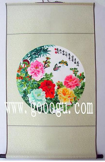 圓形牡丹刺繡畫，傳統(tǒng)天地桿蘇繡畫禮品