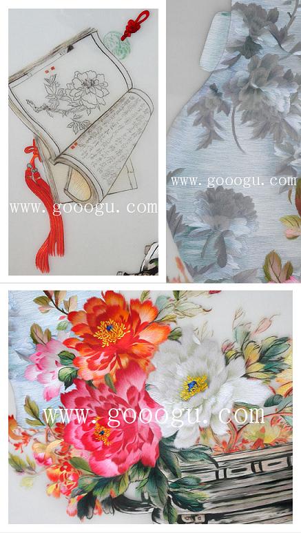 刺繡畫(huà)細(xì)節(jié)照片,牡丹古代題材蘇繡精品