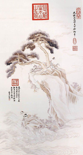 刺繡慈禧印松鶴圖（軸）,宮廷繡品，皇家刺繡品