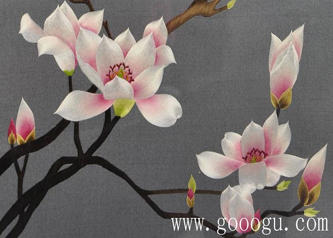 玉蘭花特寫、一絲的絲線精繡而成、光澤度好，仿佛能聞到花香！